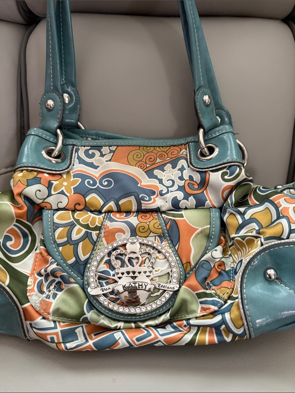Kathy Van Zeeland Teal Orange Blue Multicolor Shoulder Bag
